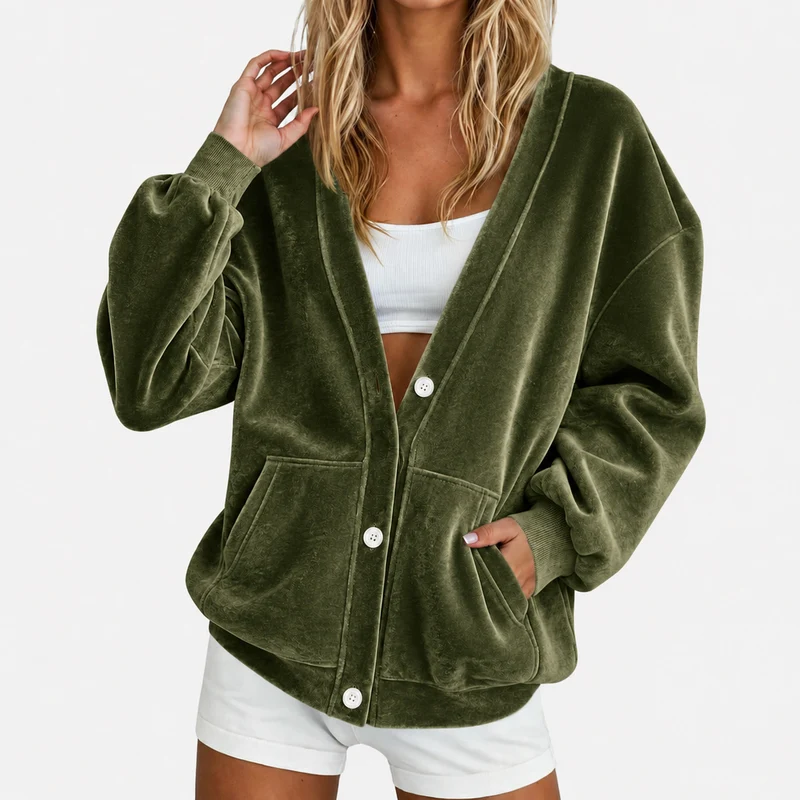 Damen Oversize-Samtcardigan mit tiefer V‑Partie, Ballonärmeln und aufgesetzten Taschen Nord Taschen