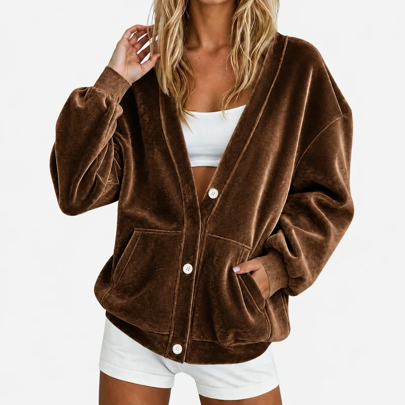 Damen Oversize-Samtcardigan mit tiefer V‑Partie, Ballonärmeln und aufgesetzten Taschen Nord Taschen