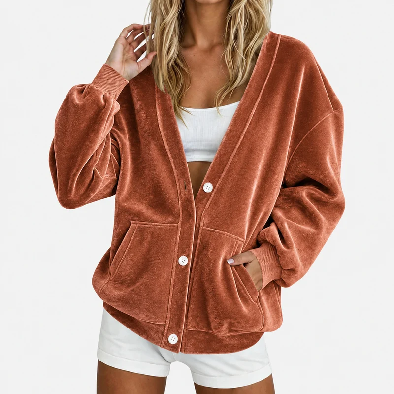 Damen Oversize-Samtcardigan mit tiefer V‑Partie, Ballonärmeln und aufgesetzten Taschen Nord Taschen