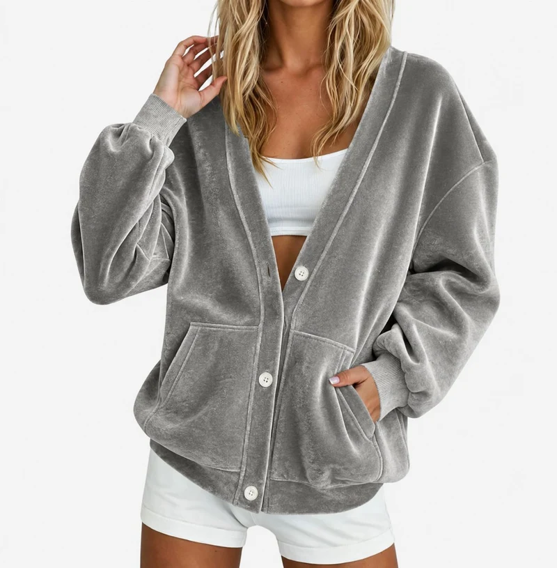 Damen Oversize-Samtcardigan mit tiefer V‑Partie, Ballonärmeln und aufgesetzten Taschen Nord Taschen