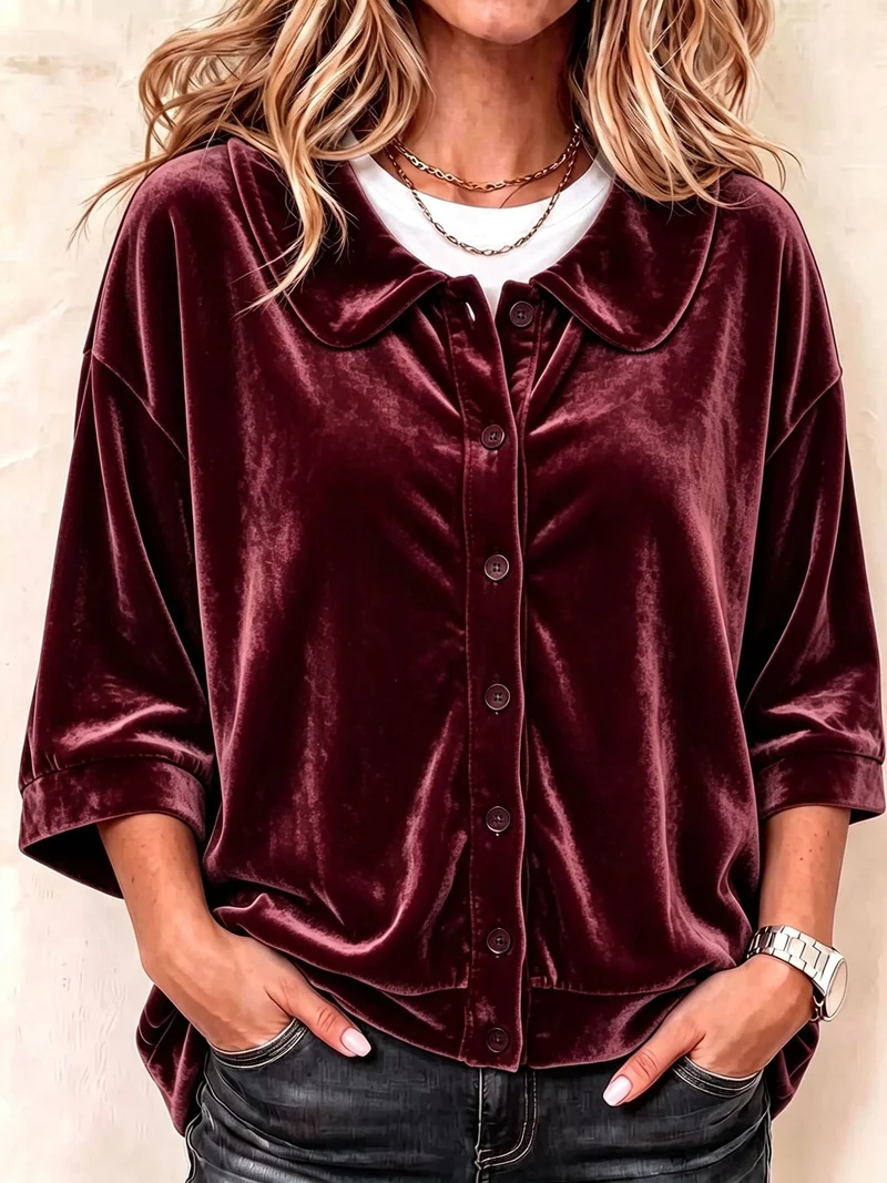 Damen Oversize- samtbluse mit Knopfleiste und rundem Bubikragen Nord Taschen