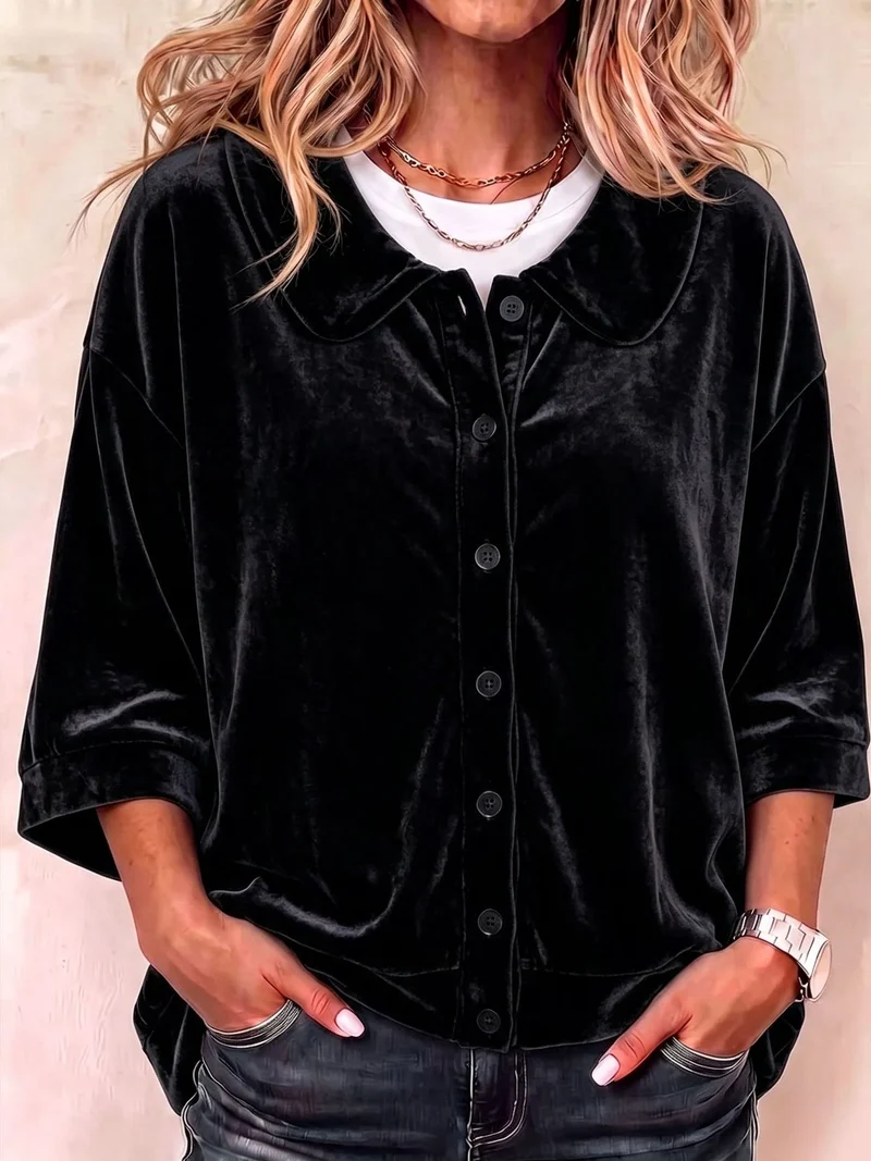 Damen Oversize- samtbluse mit Knopfleiste und rundem Bubikragen Nord Taschen
