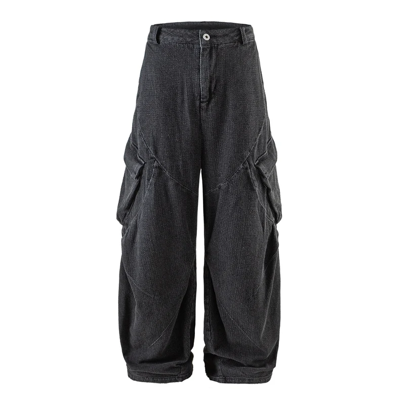 Damen Weite Cargo-Jeanshose mit hoher Taille, markanten Teilnähten und dekorativen Taschen Nord Taschen