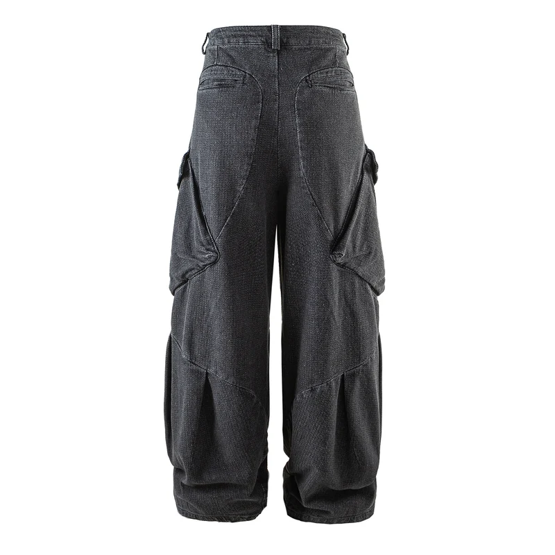 Damen Weite Cargo-Jeanshose mit hoher Taille, markanten Teilnähten und dekorativen Taschen Nord Taschen