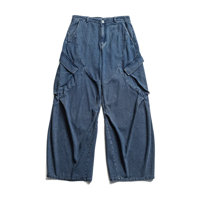 Damen Weite Cargo-Jeanshose mit hoher Taille, markanten Teilnähten und dekorativen Taschen Nord Taschen