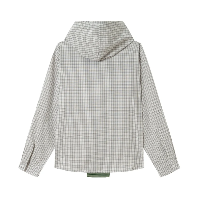 Damen Oversize Hemdjacke mit Kapuze, angenähtem Strickschal und Brustpatch Nord Taschen