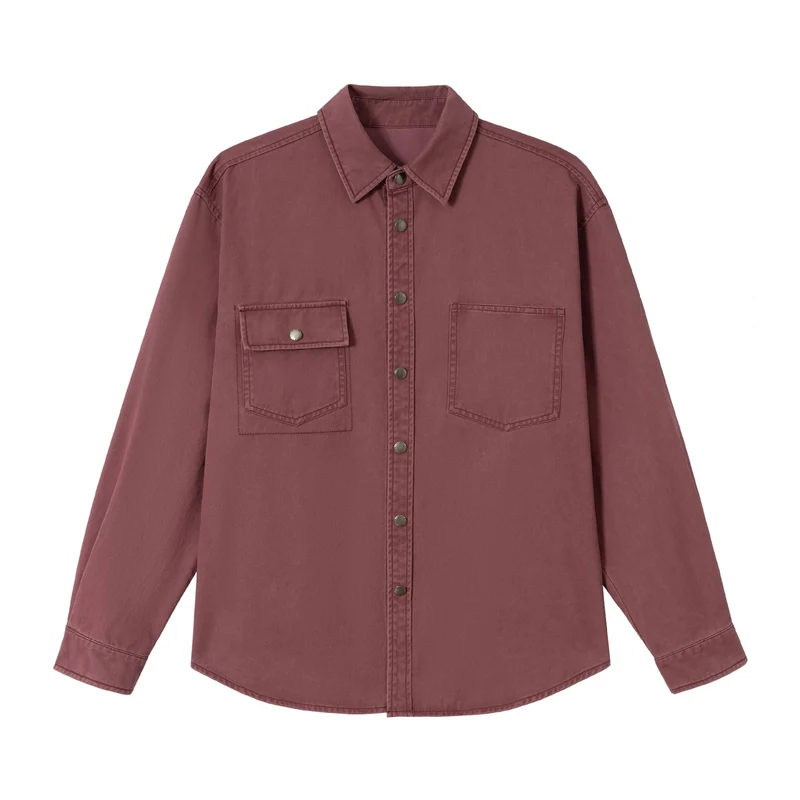 Damen Oversize Hemdjacke im Shacket‑Stil aus gewaschenem Baumwolltwill mit Druckknopfverschluss Nord Taschen
