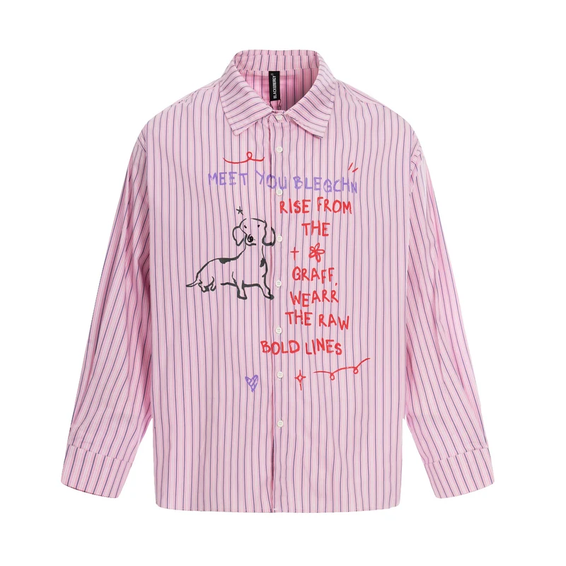 Damen Oversize-Hemdbluse mit Streifenstruktur und handgezeichnetem Grafikprint Nord Taschen
