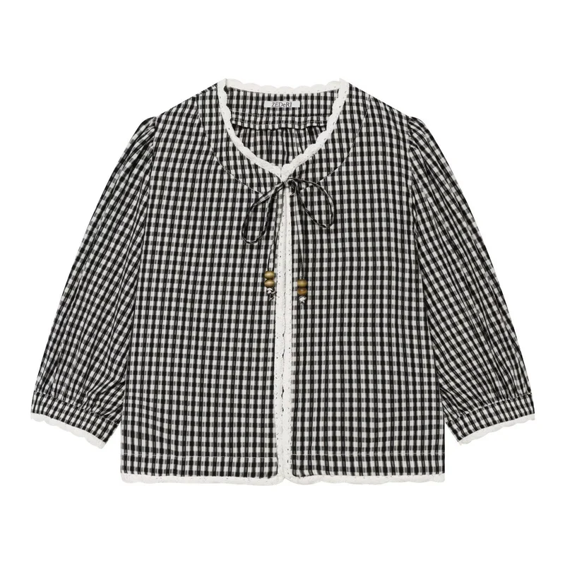Damen Vichykaro-Bluse mit Häkelbesatz, Bindeband und dreiviertel Ballonärmeln Nord Taschen