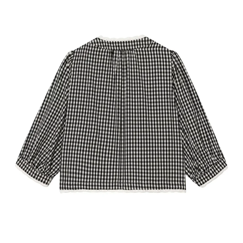 Damen Vichykaro-Bluse mit Häkelbesatz, Bindeband und dreiviertel Ballonärmeln Nord Taschen