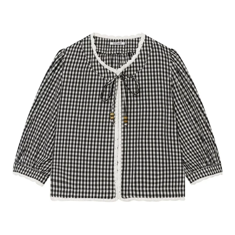 Damen Vichykaro-Bluse mit Häkelbesatz, Bindeband und dreiviertel Ballonärmeln Nord Taschen