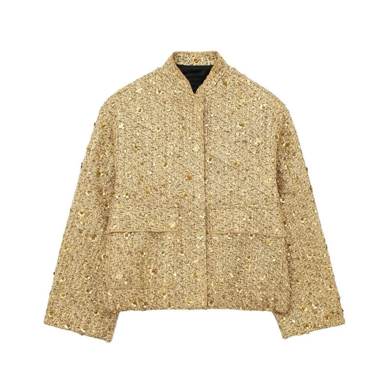 Damen verzierte Bouclé-Bomberjacke mit Pailletten und Strass Nord Taschen
