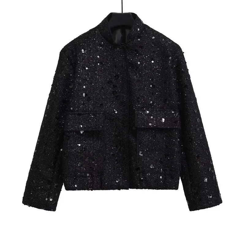 Damen verzierte Bouclé-Bomberjacke mit Pailletten und Strass Nord Taschen