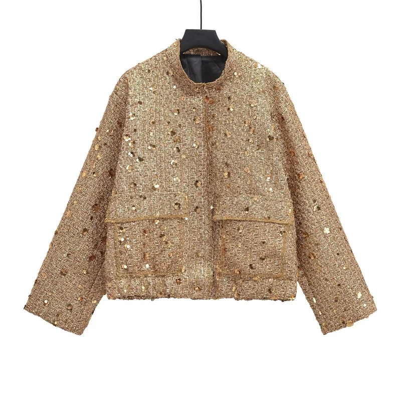 Damen verzierte Bouclé-Bomberjacke mit Pailletten und Strass Nord Taschen