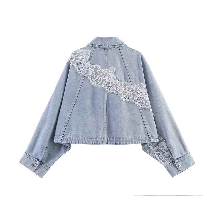 Damen verkürzte Jeansjacke mit Spitzenbesatz und überschnittener Schulter Nord Taschen