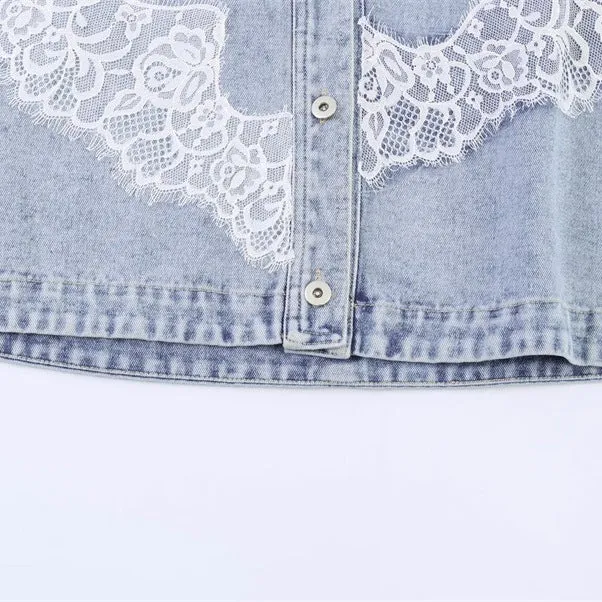 Damen verkürzte Jeansjacke mit Spitzenbesatz und überschnittener Schulter Nord Taschen