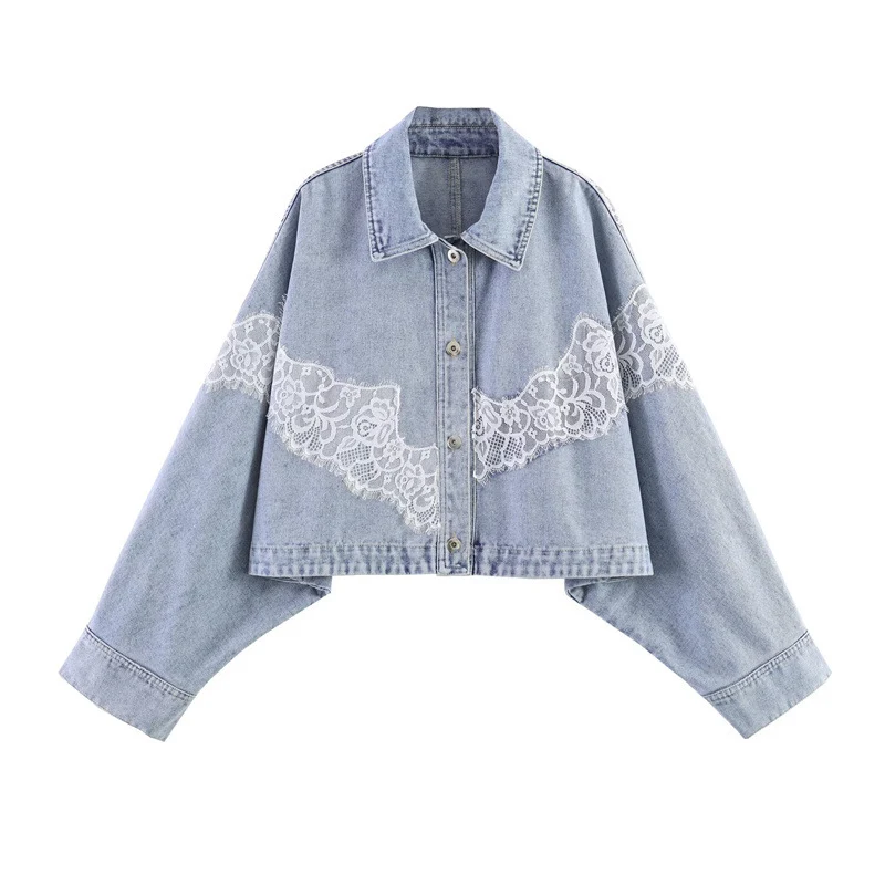 Damen verkürzte Jeansjacke mit Spitzenbesatz und überschnittener Schulter Nord Taschen