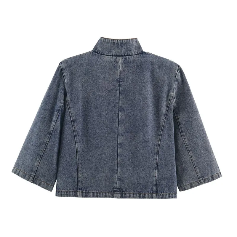 Damen Verkürzte Jeansjacke im Boxy‑Schnitt mit Stehkragen und dreiviertelärmeln Nord Taschen