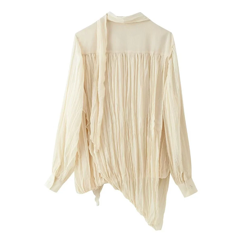 Damen Transparente Plissee-Chiffon-Bluse mit Halstuch-Schleife und asymmetrischem Saum Nord Taschen