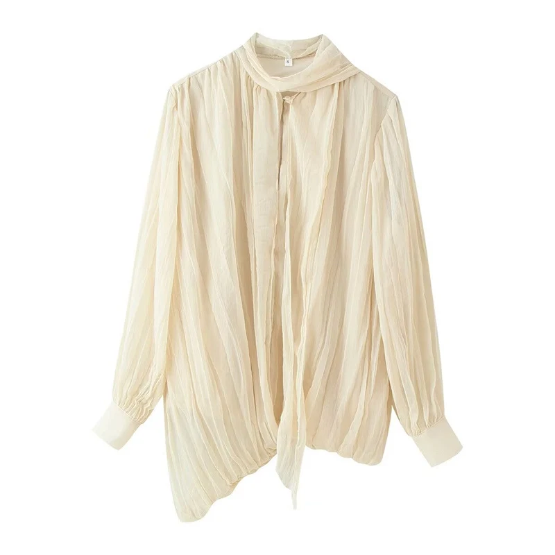 Damen Transparente Plissee-Chiffon-Bluse mit Halstuch-Schleife und asymmetrischem Saum Nord Taschen