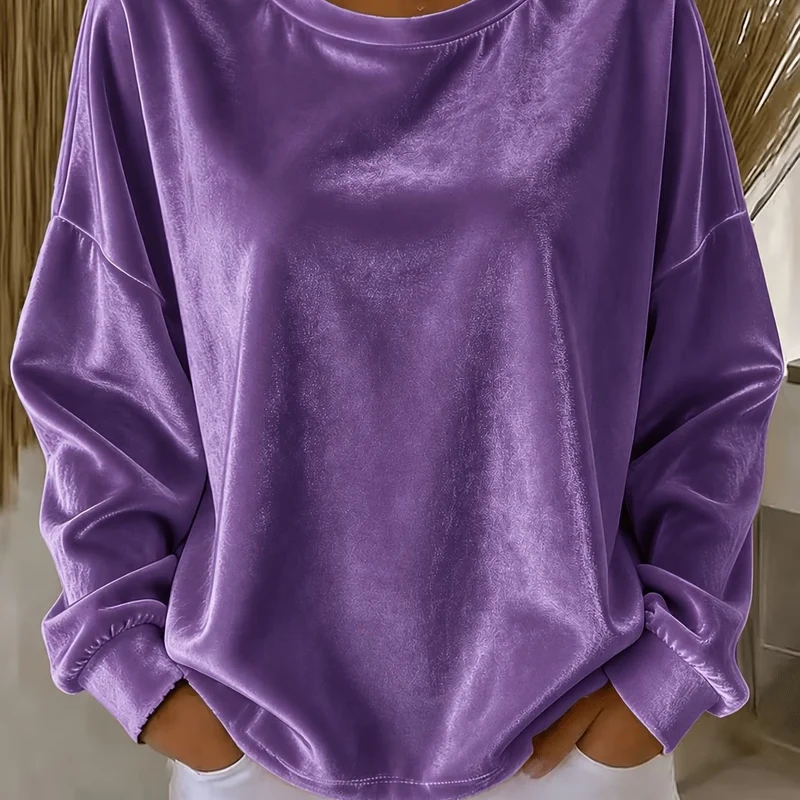 Damen Oversize Samt-Sweatshirt mit Rundhalsausschnitt, überschnittener Schulter und elastischen Bündchen Nord Taschen