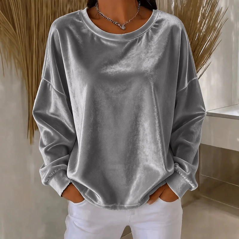 Damen Oversize Samt-Sweatshirt mit Rundhalsausschnitt, überschnittener Schulter und elastischen Bündchen Nord Taschen