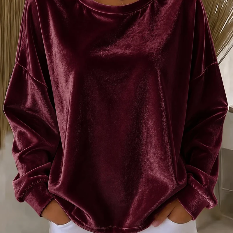 Damen Oversize Samt-Sweatshirt mit Rundhalsausschnitt, überschnittener Schulter und elastischen Bündchen Nord Taschen