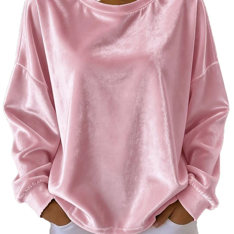 Damen Oversize Samt-Sweatshirt mit Rundhalsausschnitt, überschnittener Schulter und elastischen Bündchen Nord Taschen