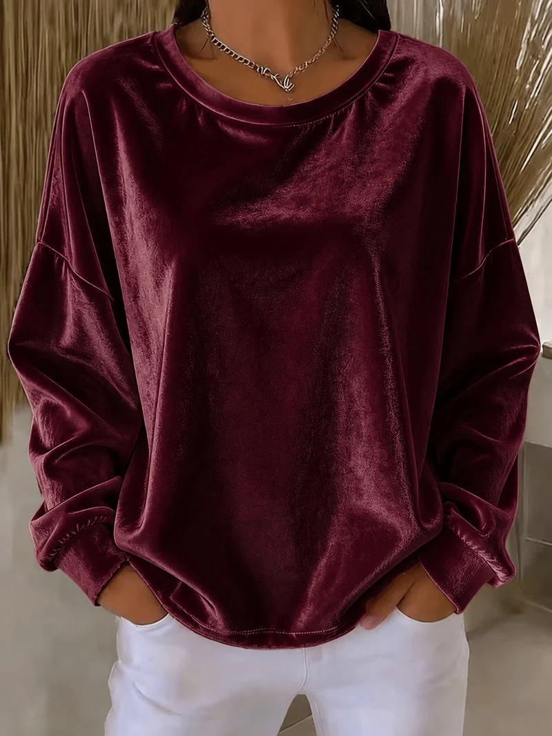 Damen Oversize Samt-Sweatshirt mit Rundhalsausschnitt, überschnittener Schulter und elastischen Bündchen Nord Taschen