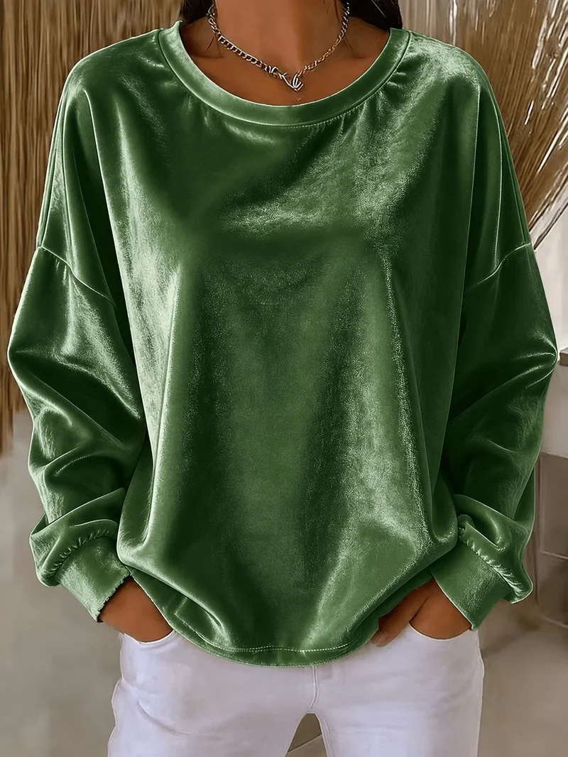 Damen Oversize Samt-Sweatshirt mit Rundhalsausschnitt, überschnittener Schulter und elastischen Bündchen Nord Taschen