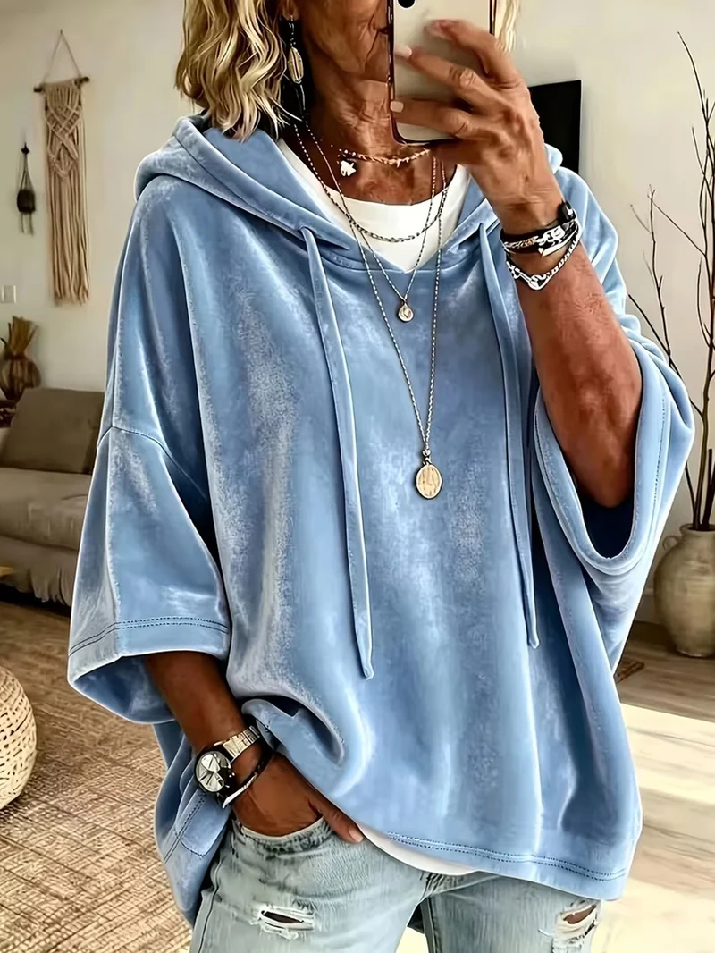 Damen Oversize Samt-Kapuzenponcho mit halblangen Ärmeln und Tunnelzug Nord Taschen