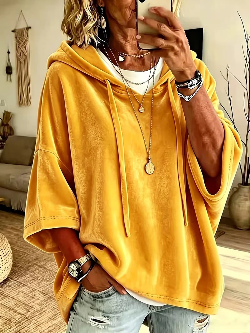 Damen Oversize Samt-Kapuzenponcho mit halblangen Ärmeln und Tunnelzug Nord Taschen