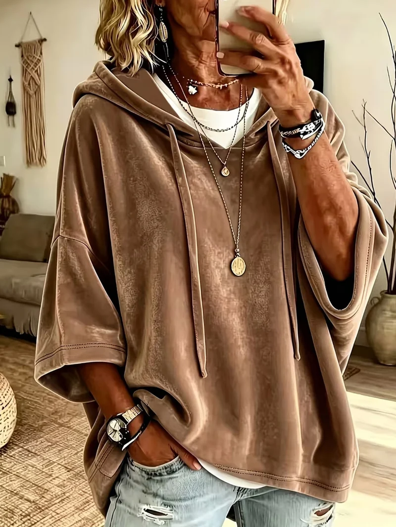 Damen Oversize Samt-Kapuzenponcho mit halblangen Ärmeln und Tunnelzug Nord Taschen
