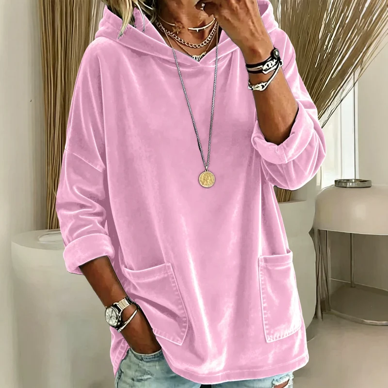 Damen Oversize Samt-Hoodie mit weiter Kapuze, Kängurutaschen und relaxter Silhouette Nord Taschen
