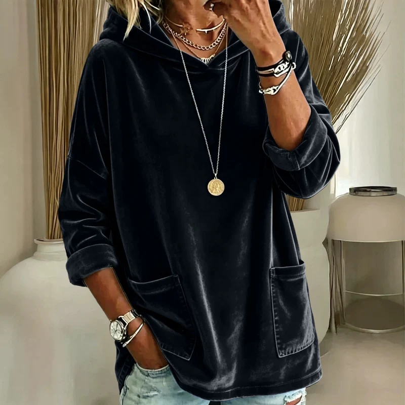 Damen Oversize Samt-Hoodie mit weiter Kapuze, Kängurutaschen und relaxter Silhouette Nord Taschen