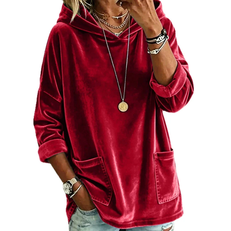 Damen Oversize Samt-Hoodie mit weiter Kapuze, Kängurutaschen und relaxter Silhouette Nord Taschen