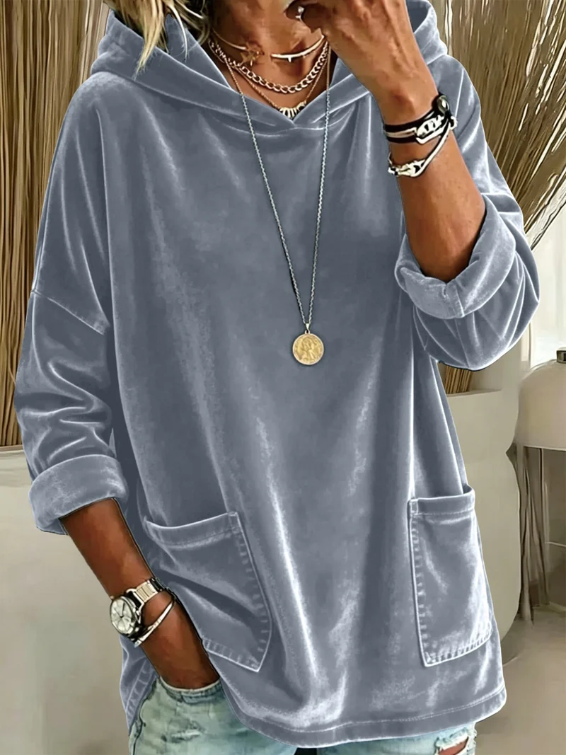 Damen Oversize Samt-Hoodie mit weiter Kapuze, Kängurutaschen und relaxter Silhouette Nord Taschen
