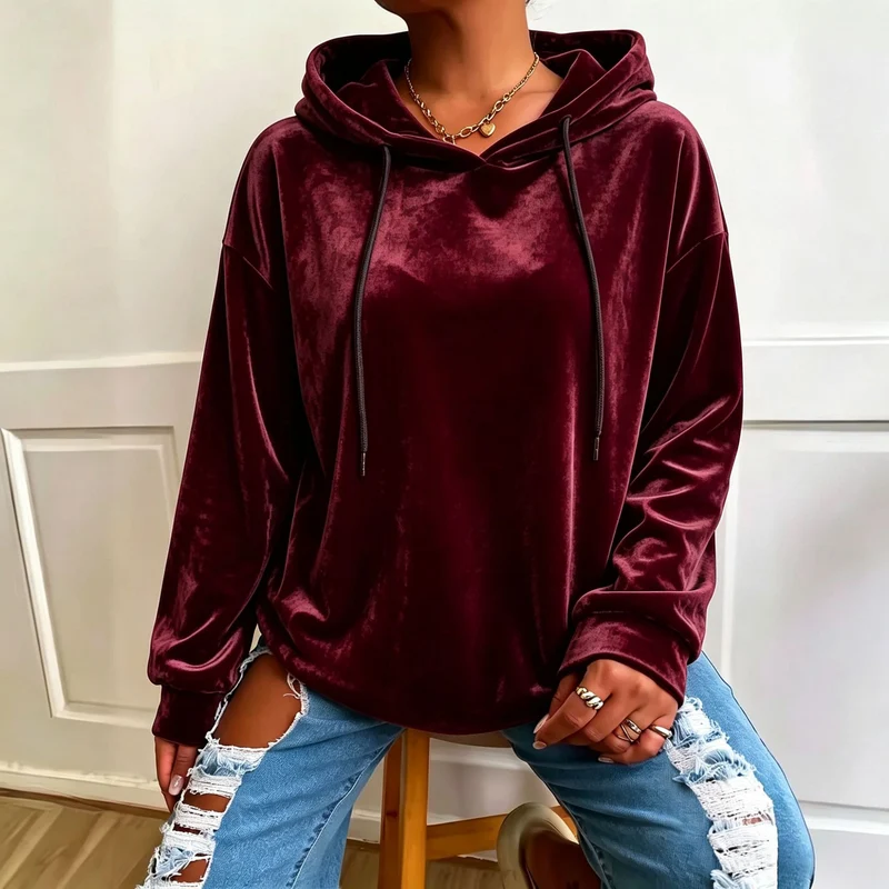 Damen Oversize Samt-Hoodie mit Kordelzug und Drop-Shoulder Nord Taschen