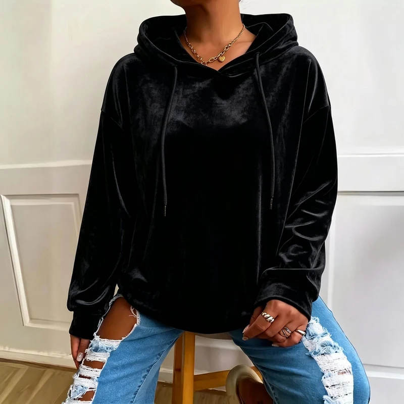 Damen Oversize Samt-Hoodie mit Kordelzug und Drop-Shoulder Nord Taschen