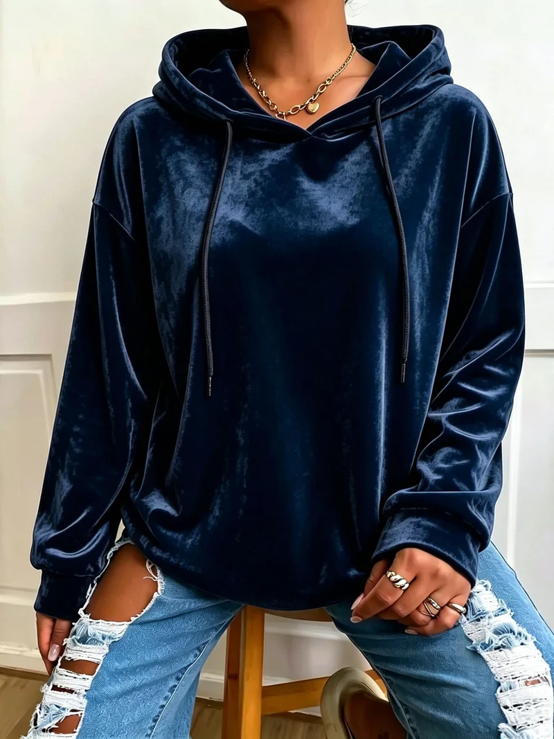 Damen Oversize Samt-Hoodie mit Kordelzug und Drop-Shoulder Nord Taschen