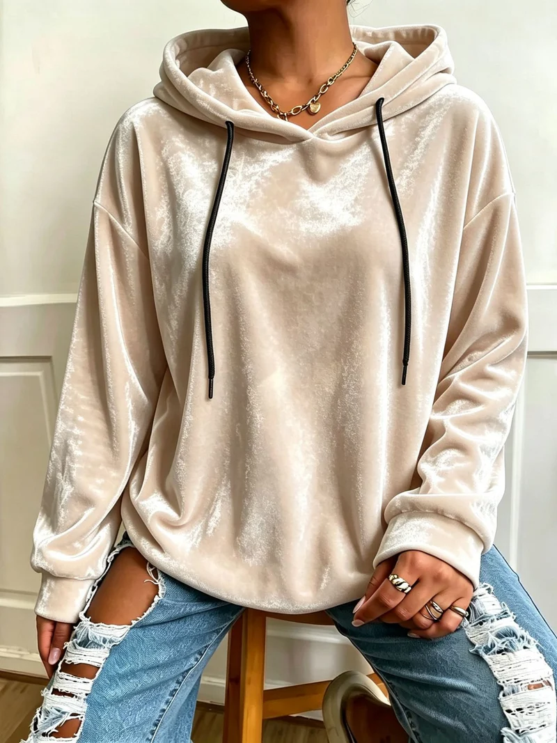Damen Oversize Samt-Hoodie mit Kordelzug und Drop-Shoulder Nord Taschen