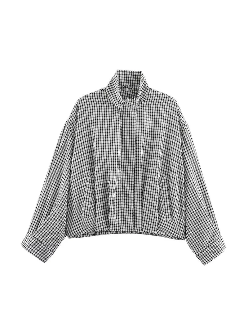 Damen Oversize Karierte Blousonjacke mit Stehkragen Nord Taschen