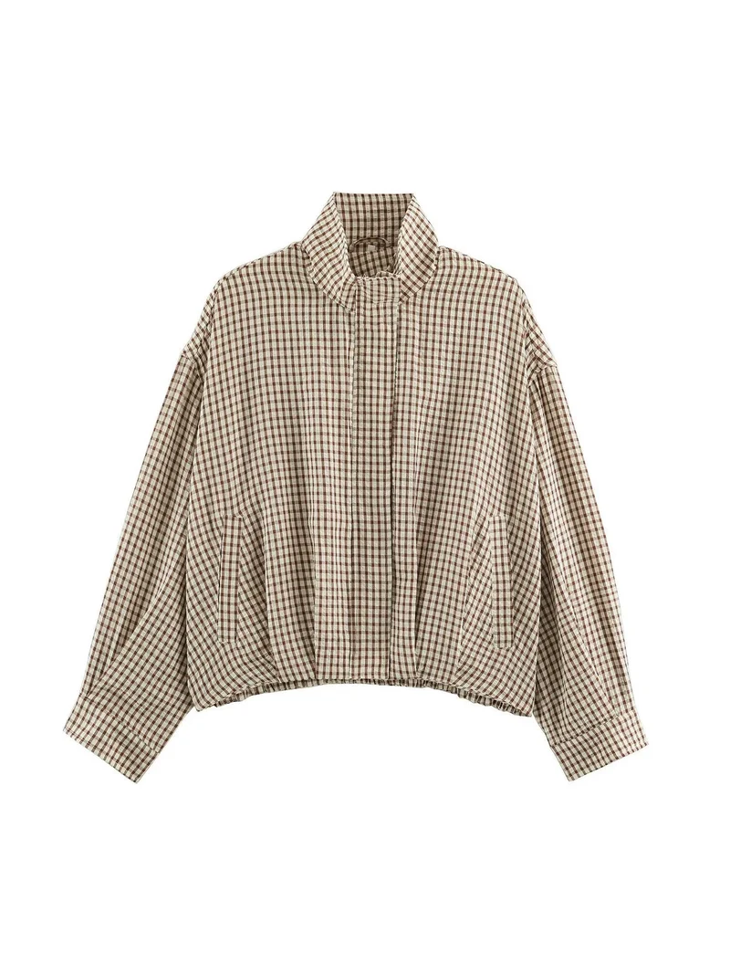 Damen Oversize Karierte Blousonjacke mit Stehkragen Nord Taschen