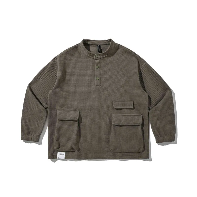 Herren Waffelstrick-Henley-Pullover mit Stehkragen, Druckknopfleiste und großen Utility-Taschen Nord Taschen