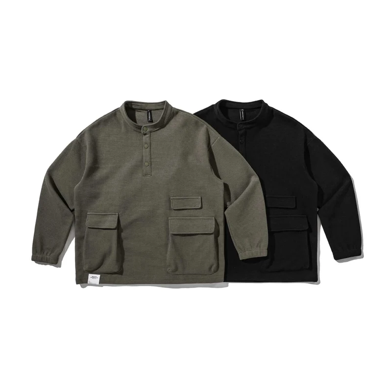 Herren Waffelstrick-Henley-Pullover mit Stehkragen, Druckknopfleiste und großen Utility-Taschen Nord Taschen