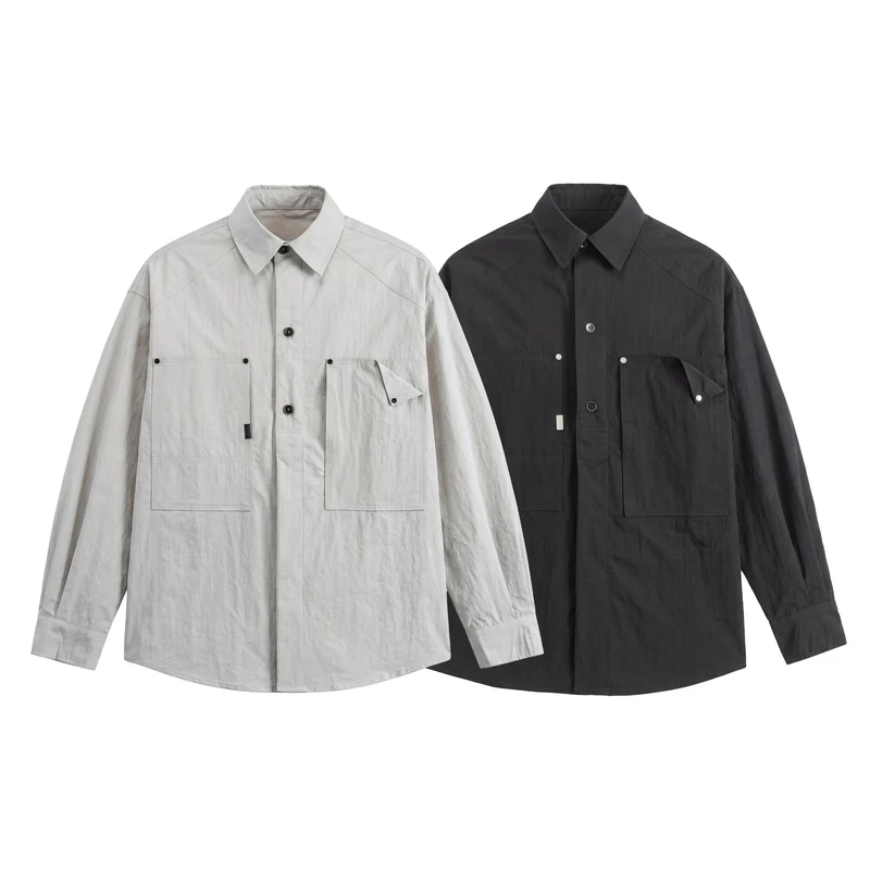 Herren Utility‑Hemdjacke mit oversized Passform, aufgesetzten Taschen und verdeckter Knopfleiste Nord Taschen