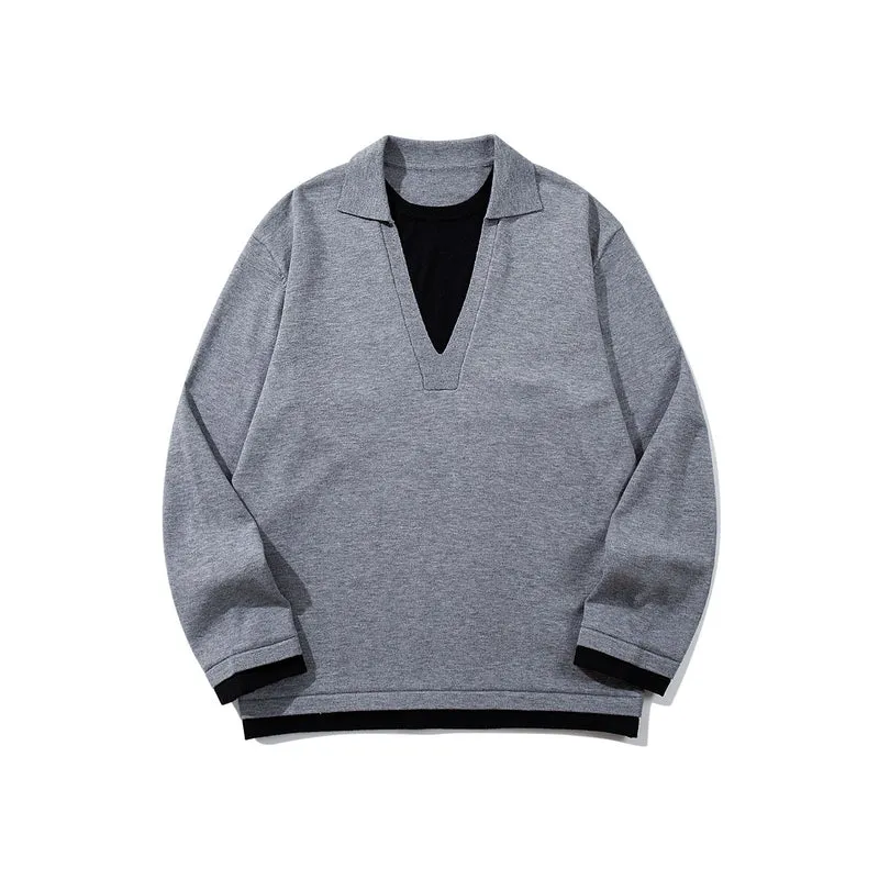 Unisex Lässiger Oversize Strickpullover mit tiefem V Einsatz und Hemd‑Layer Optik Nord Taschen