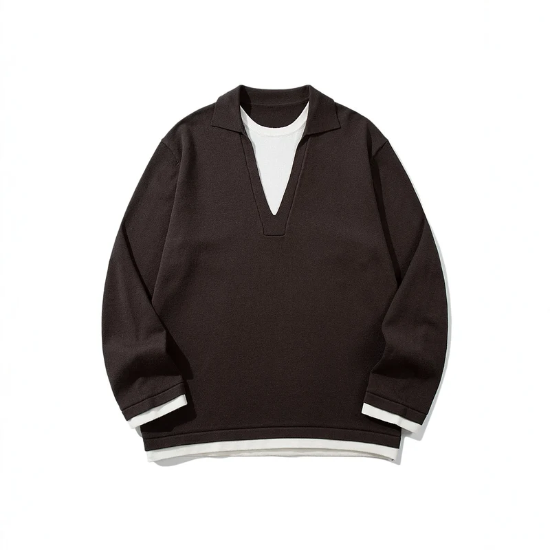 Unisex Lässiger Oversize Strickpullover mit tiefem V Einsatz und Hemd‑Layer Optik Nord Taschen