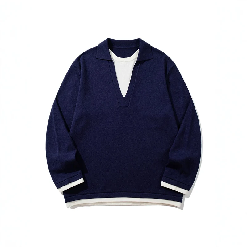 Unisex Lässiger Oversize Strickpullover mit tiefem V Einsatz und Hemd‑Layer Optik Nord Taschen