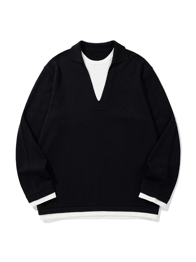Unisex Lässiger Oversize Strickpullover mit tiefem V Einsatz und Hemd‑Layer Optik Nord Taschen